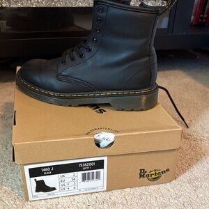 Dr. Martens Black Leather 8-Eye Combat Boot with Yellow Stitching